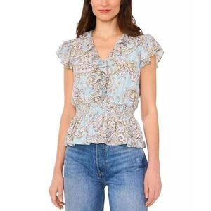 $99 NWT Parker Margot Paisley Ruffle Peplum Top Womens Medium Blue Boho